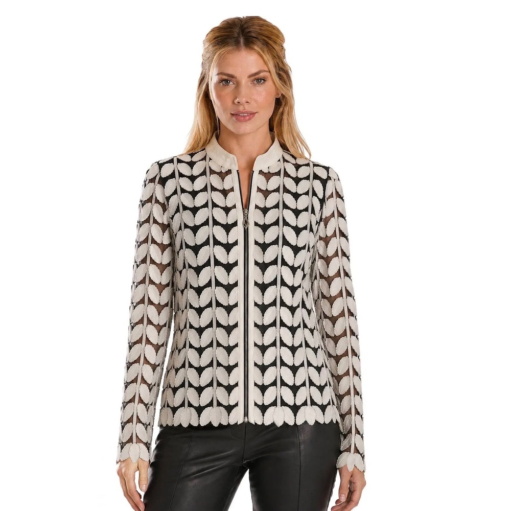 Belgin Francis Leather Leaf Applique Mesh Jacket Black White Sz S Turkey Zip
